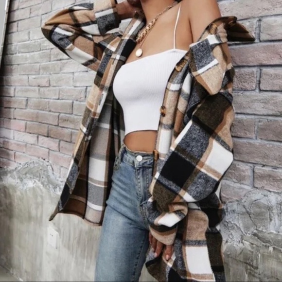 Boho chic black tan plaid button down jacket shachet casual - Picture 2 of 4